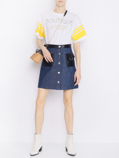 Джинсовая юбка-мини из хлопка с накладными карманами Moschino Boutique - МодельОбщийВид